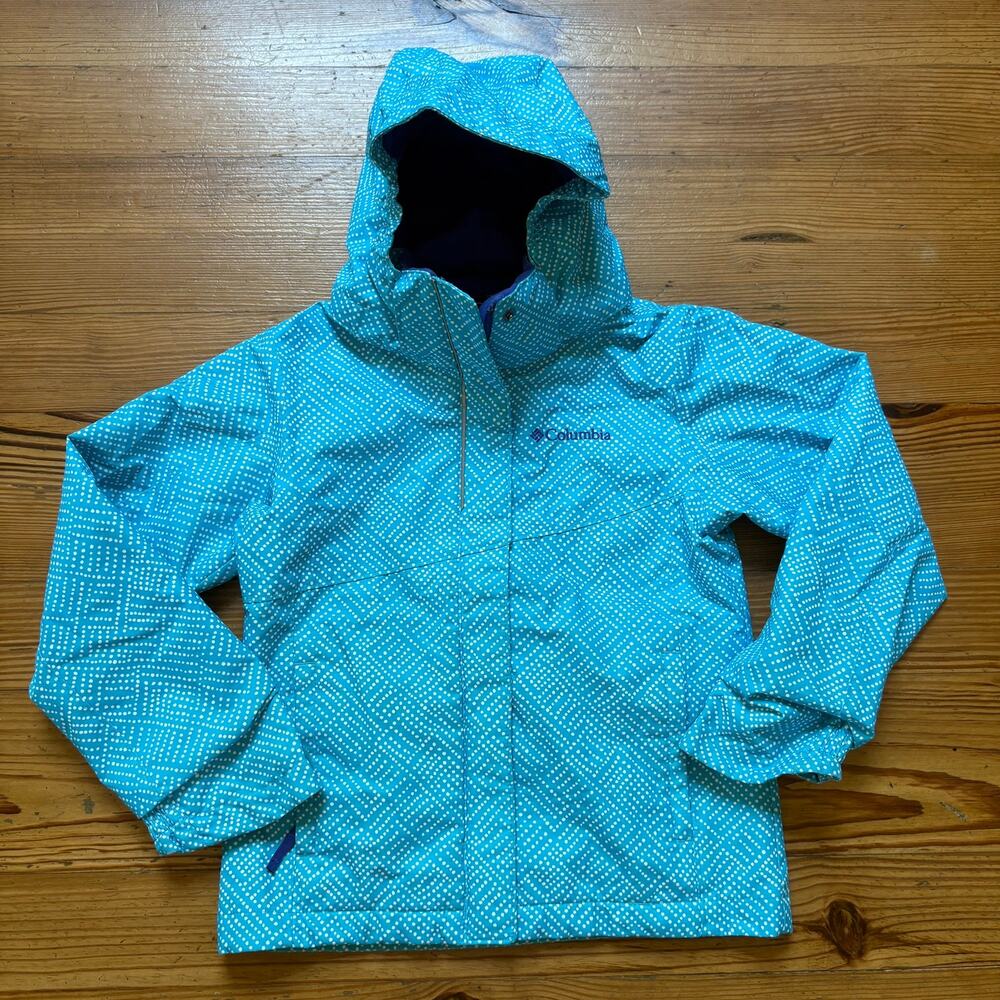 Columbia light blue white‎ dotted full zip hooded girls coat SIZE XS